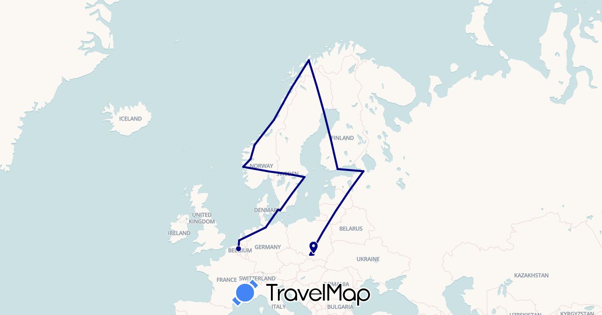 TravelMap itinerary: driving in Belgium, Germany, Denmark, Finland, Netherlands, Norway, Poland, Russia, Sweden (Europe)